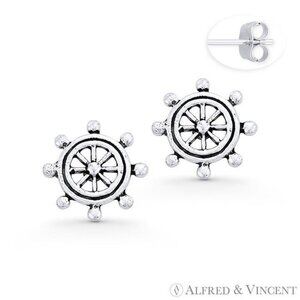 Helm Wheel Nautical Charm Stud Earrings in Oxidized .925 Sterling Silver